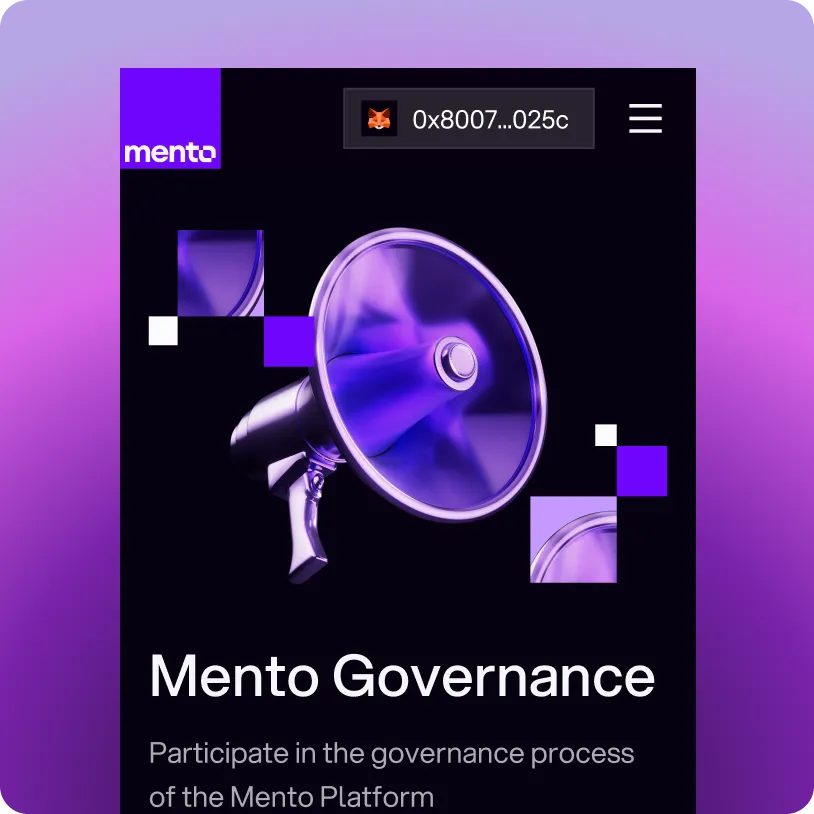 Mobile interface showing Mento Governance with a purple megaphone and text about participating in Mento Platform governance.