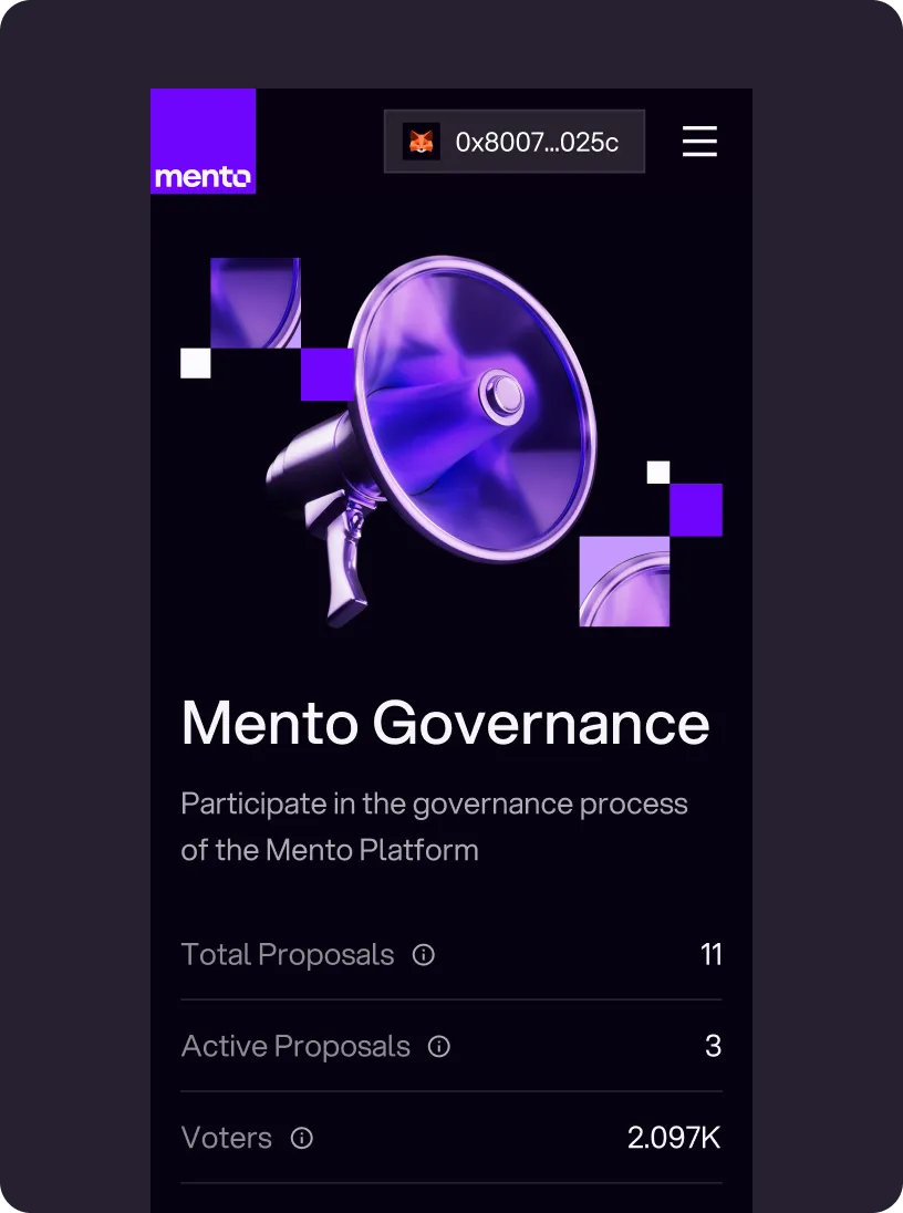 Mobile screen showing Mento Governance page with a purple megaphone illustration and stats for total proposals, active proposals, and voters.