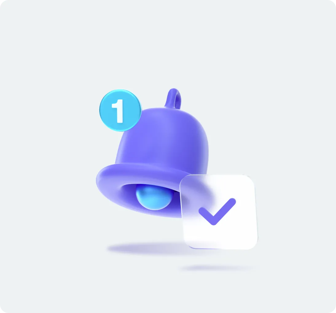 Blue notification bell icon with a badge showing the number 1 and a checkmark in a white box.