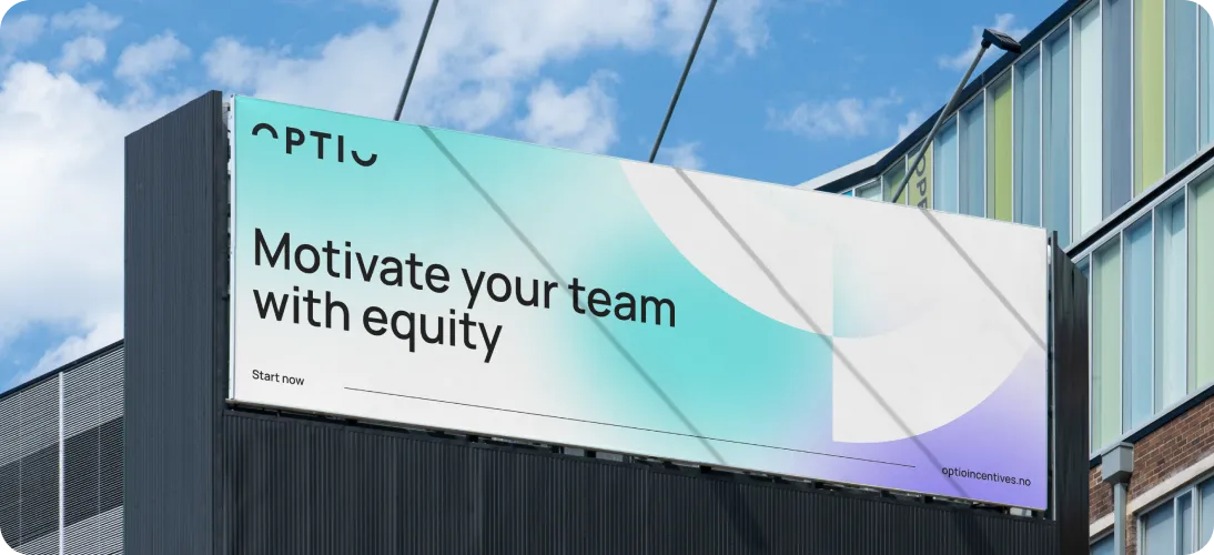 Outdoor billboard on building reading 'Motivate your team with equity' with a blue and purple gradient background.
