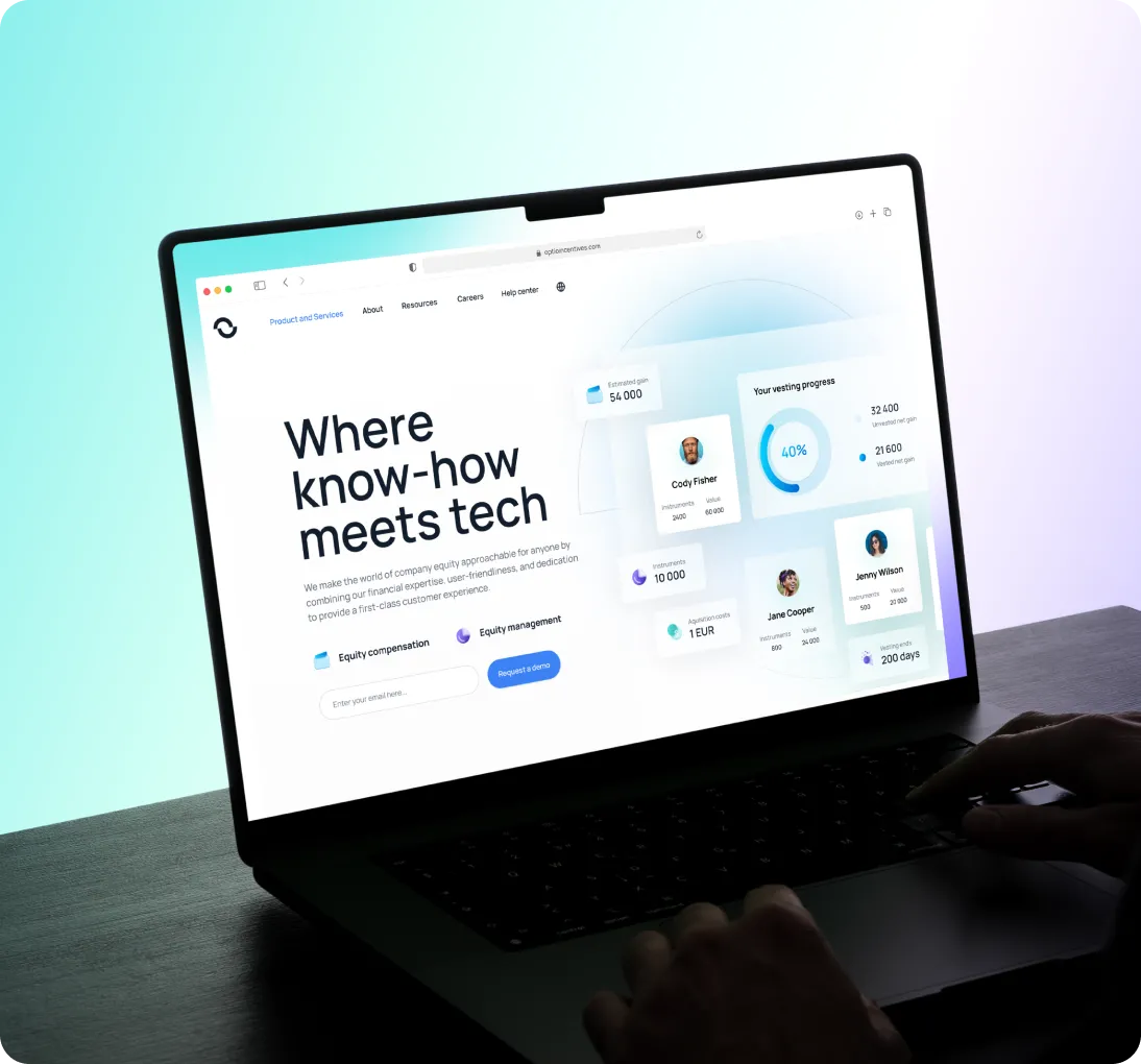 Laptop screen displaying a website titled 'Where know-how meets tech' featuring equity compensation and equity management details with user profiles and vesting progress.