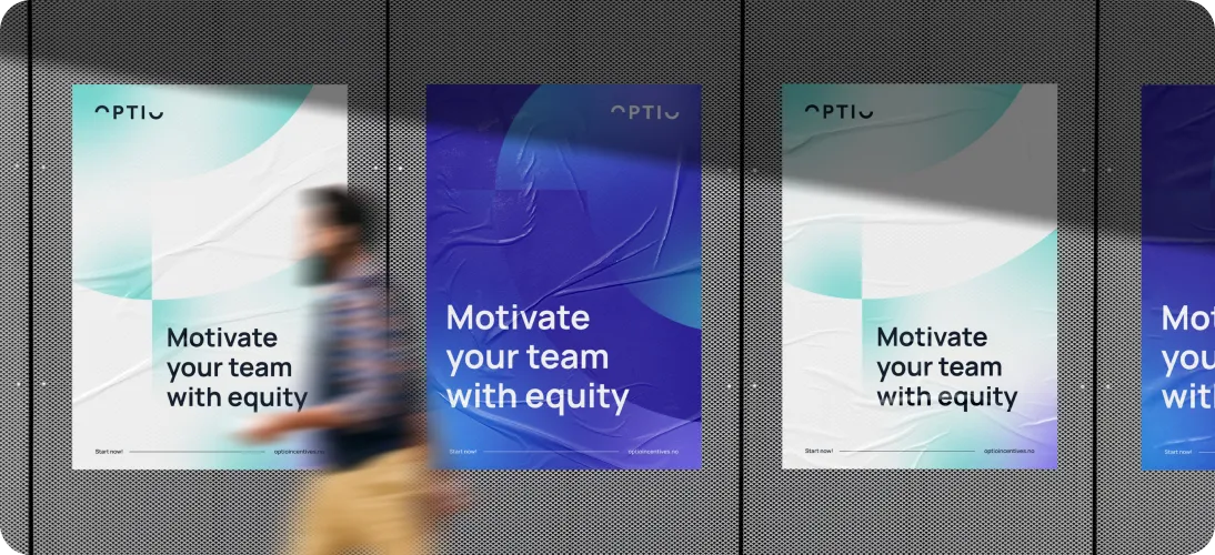 Blurred person walking past three posters on a perforated metal wall, each saying 'Motivate your team with equity' with variations in background color.