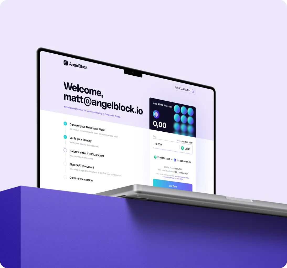 Laptop displaying AngelBlock platform with welcome message and steps to connect Metamask wallet, verify identity, and determine #THOL amount.