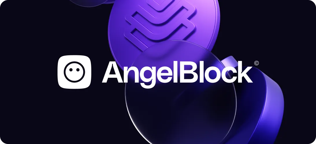 AngelBlock logo with stylized purple coins in the background on a dark backdrop.