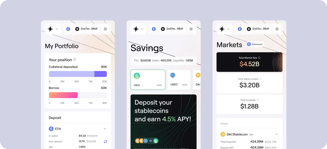 Three mobile app screens showing a crypto portfolio with collateral and borrow amounts, a savings section with stablecoin options and 4.5% APY offer, and a markets overview with total market size of $4.52B and value locked of $3.20B.