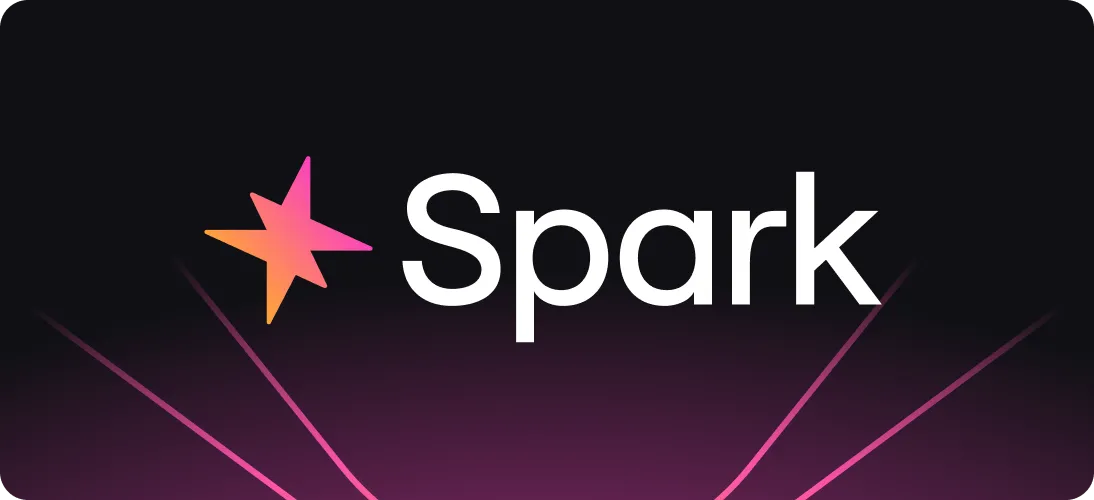 Gradient star icon next to the word 'Spark' on a dark background with pink light beams.
