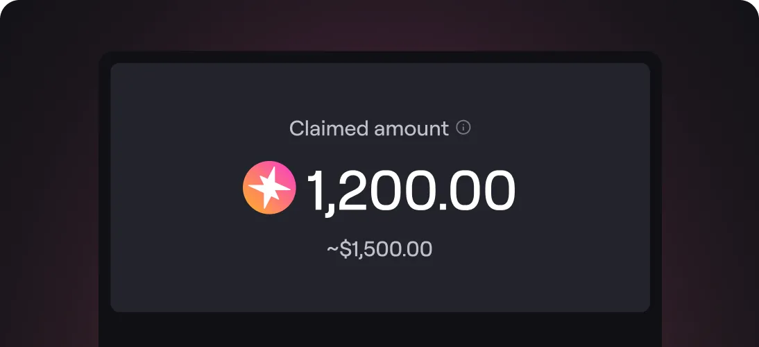 User interface displaying a claimed amount of 1,200 with an approximate value of $1,500.