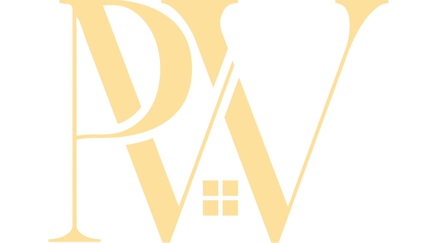 Gelbe Initialen 'RW' mit einem kleinen quadratischen Fenster im Buchstaben W.