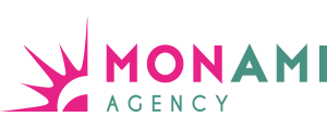 Logo of MONAMI Agency with stylized pink sunburst and green text.