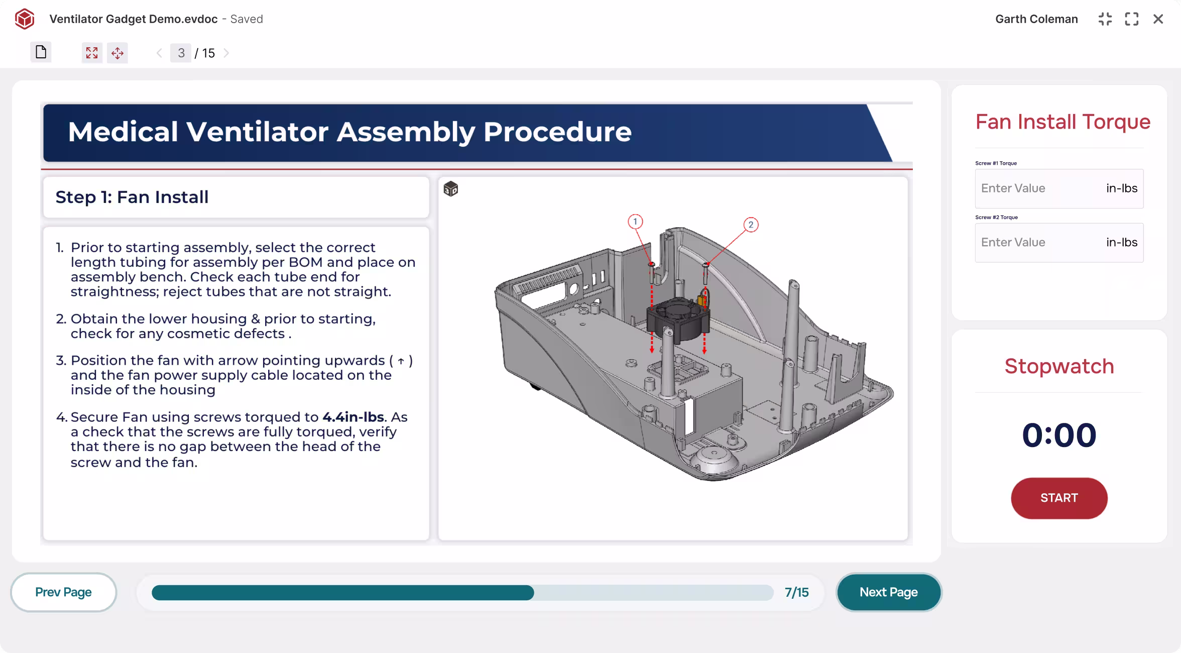 Medical ventilator assembly step showing fan installation with instructions and a 3D parts diagram.