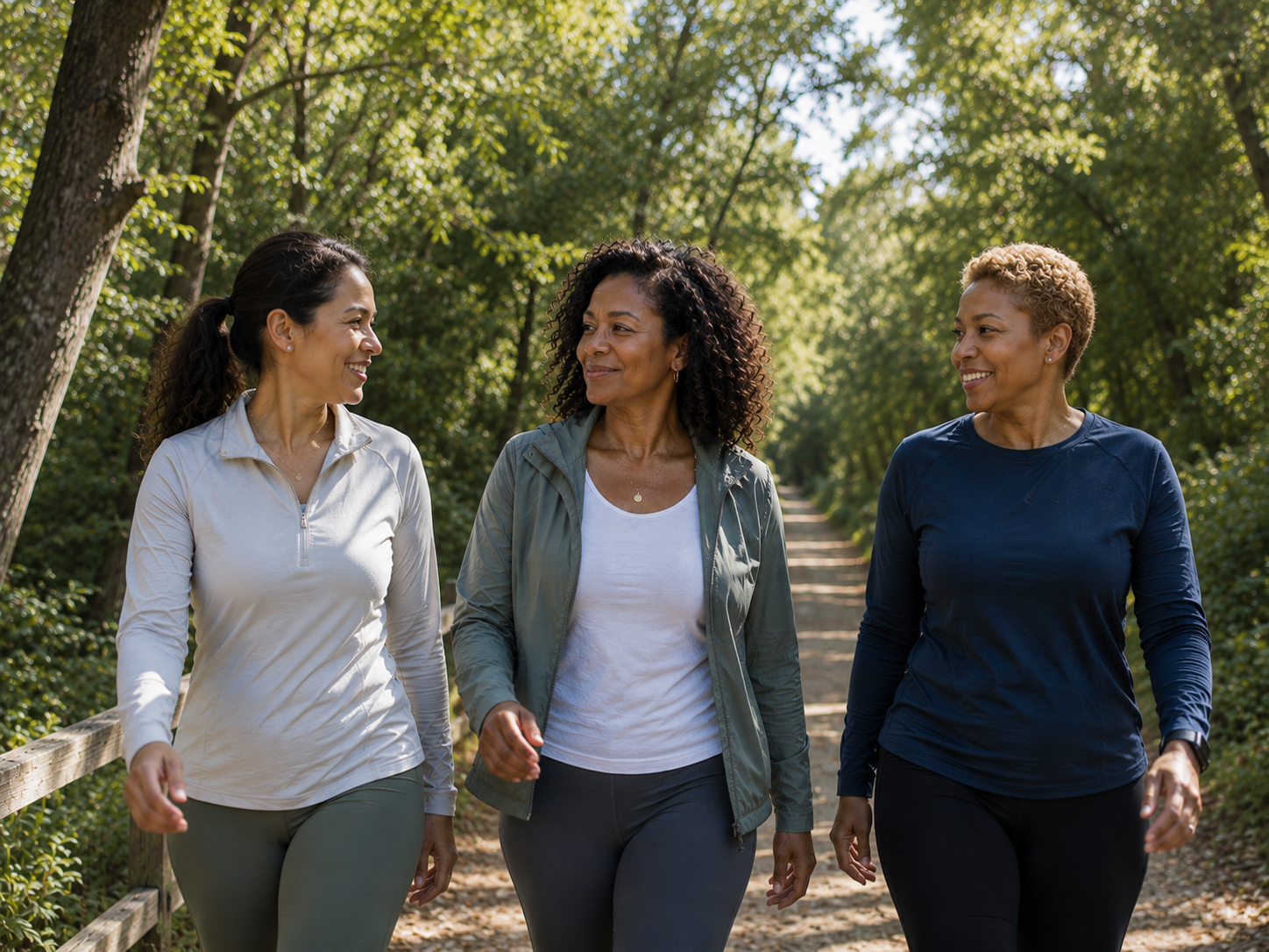 Three women on an early morning walk to maintain weight loss