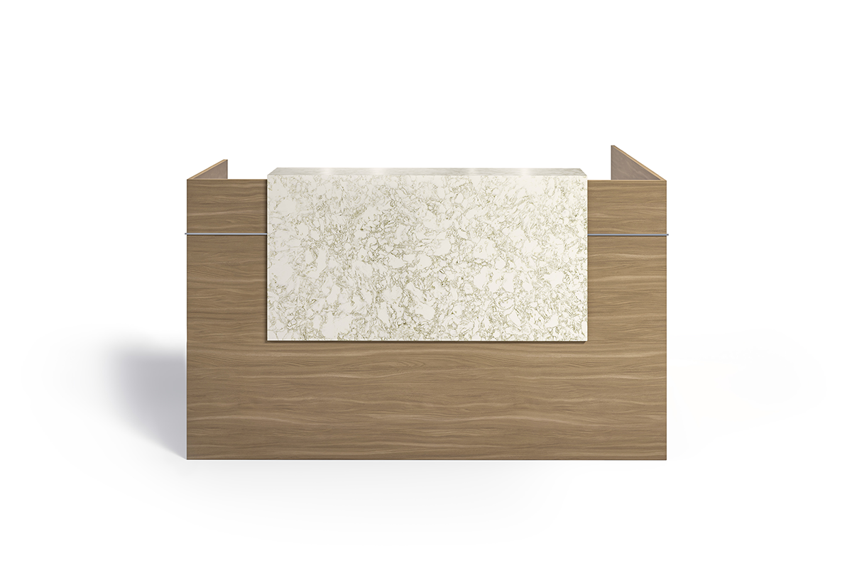 Affinity reception desk with waterfall quartz.