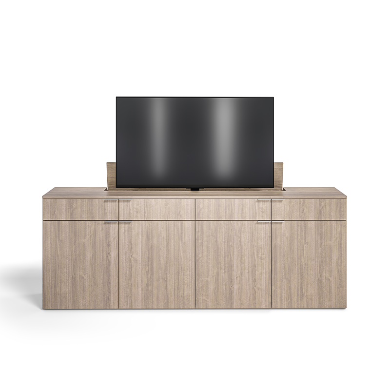 Foundation monitor lift credenza on white background. 