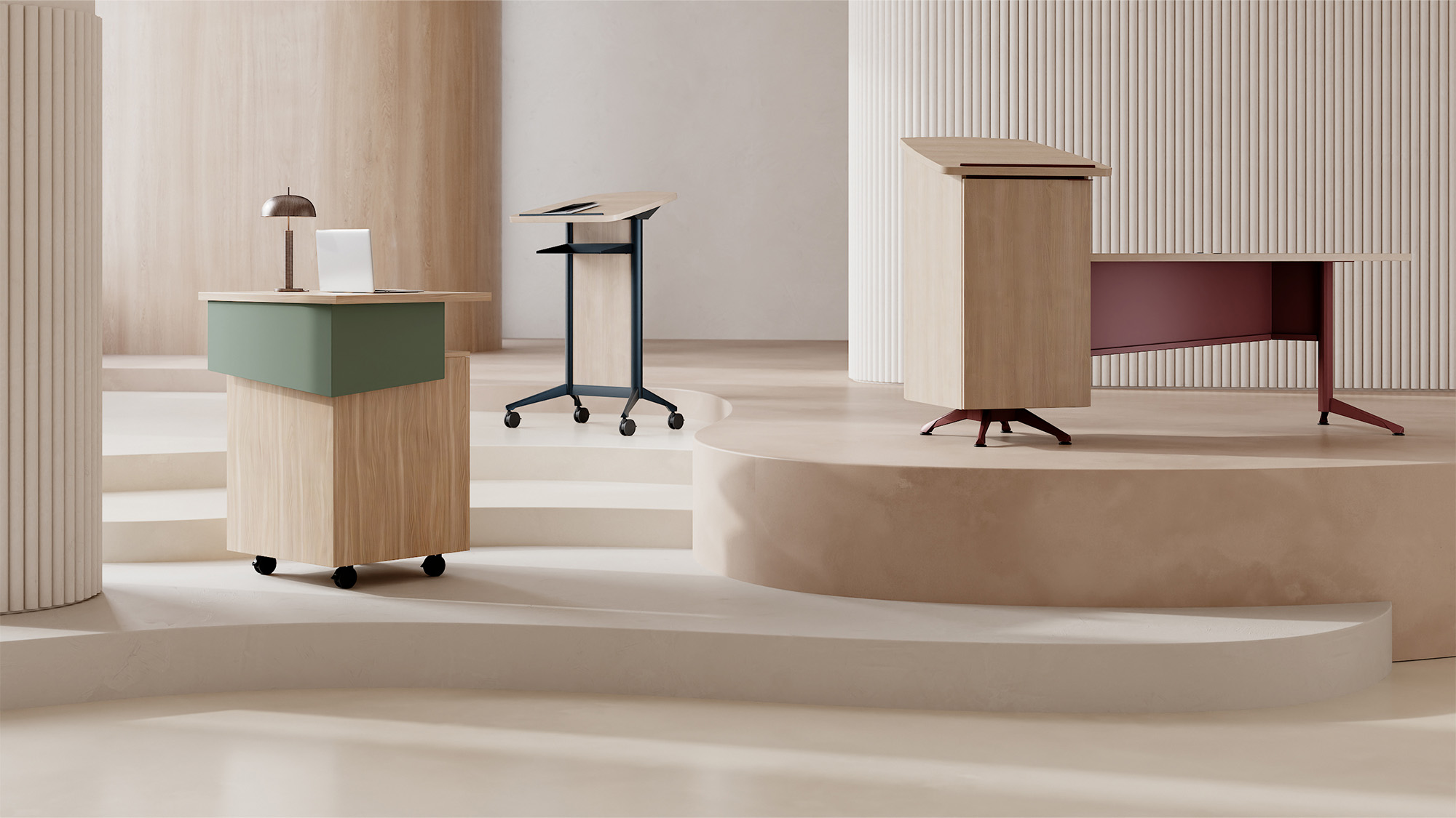 Zori lecterns on platforms. 