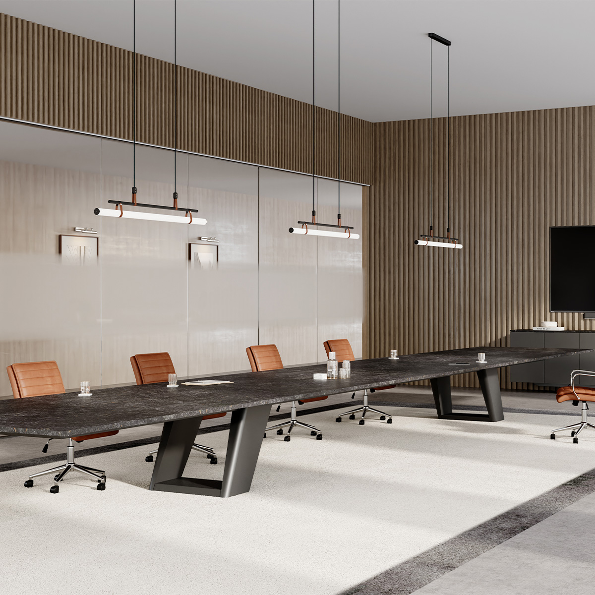 Expanse table in a conference room.
