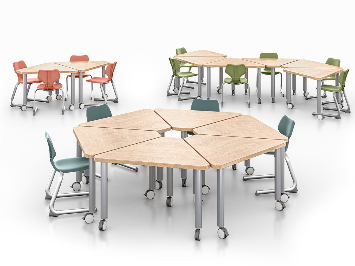 Zori tables with different colors chairs.
