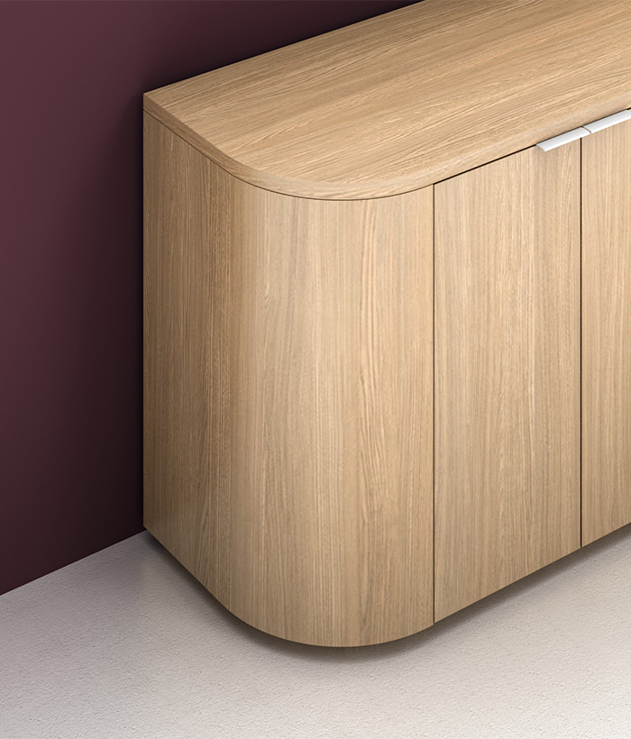 Luna credenza 10-inch radius corners detail.