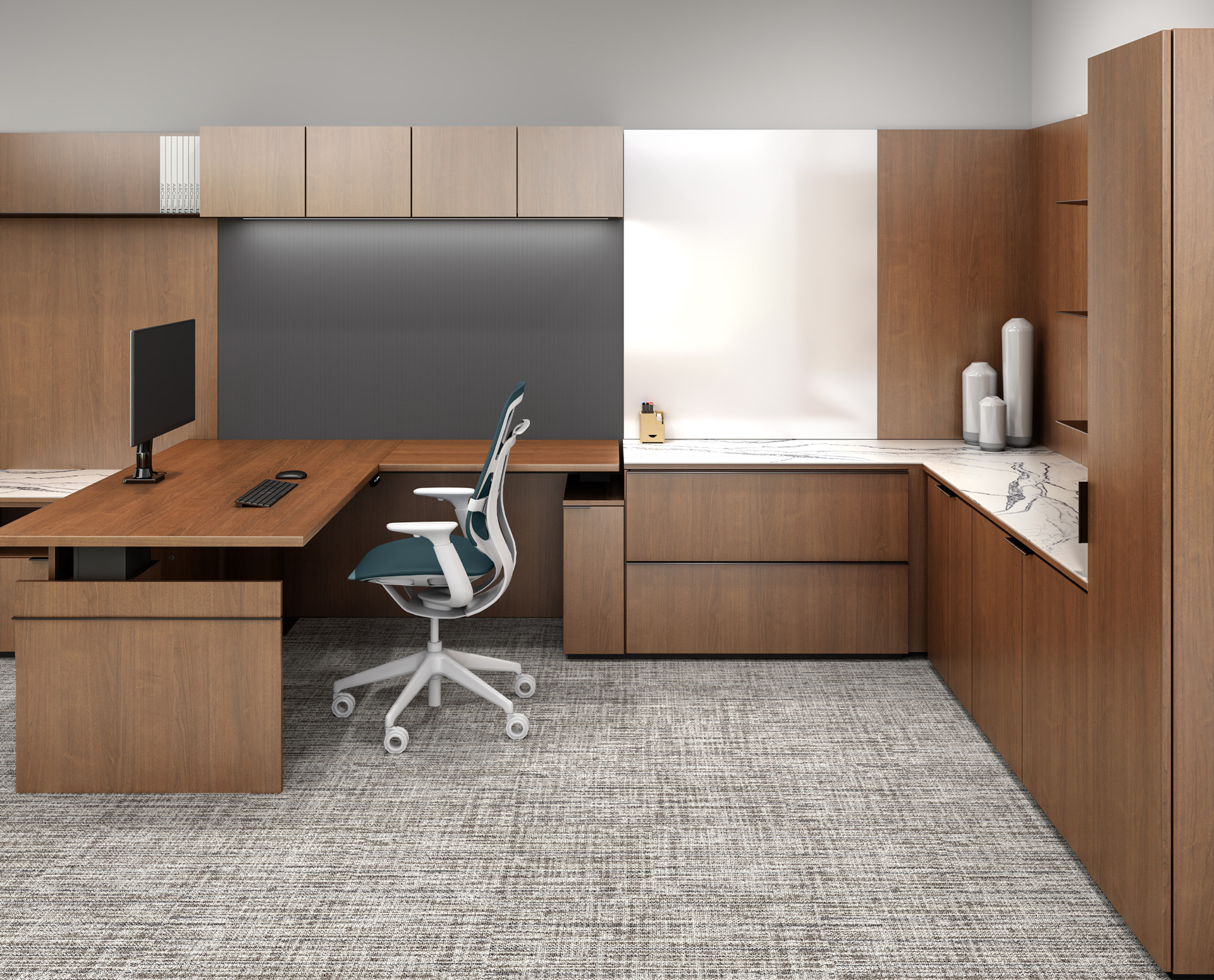 Affinity Private Office with height-adjustable end panel L-desk with whiteboard and quartz cabinet tops