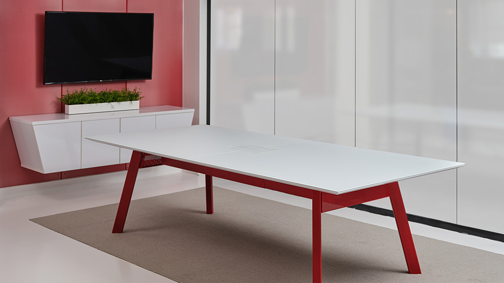 Red table with TV Monitor