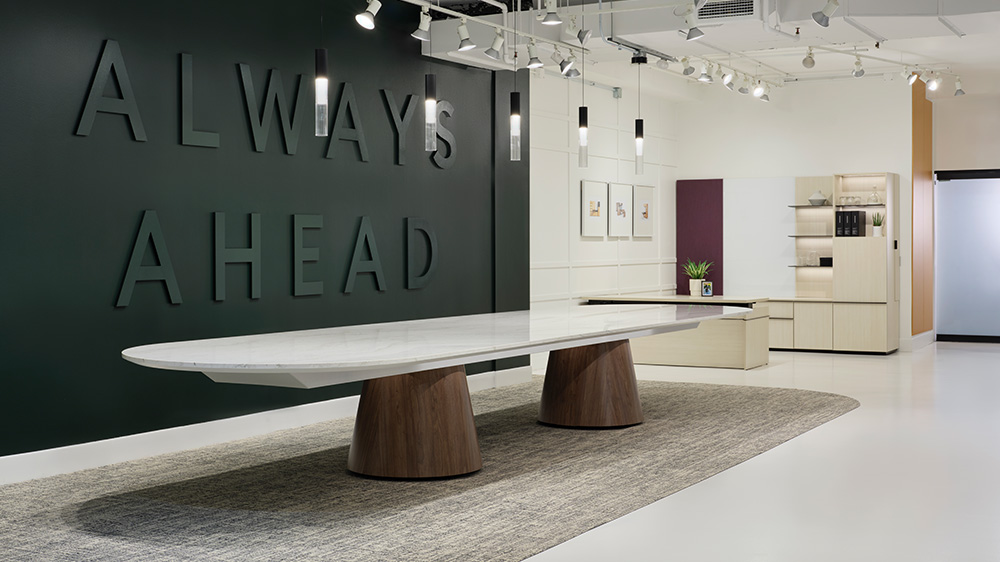Large table with green wall