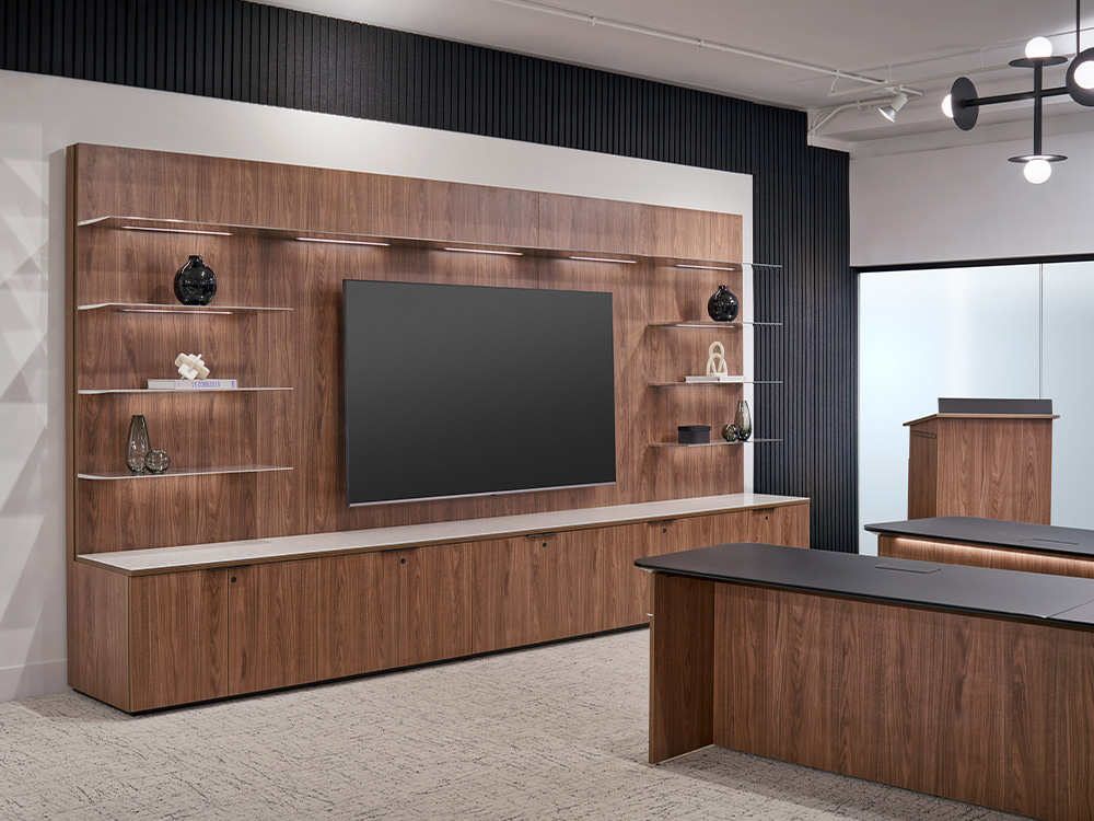 Wall with shelves and TV