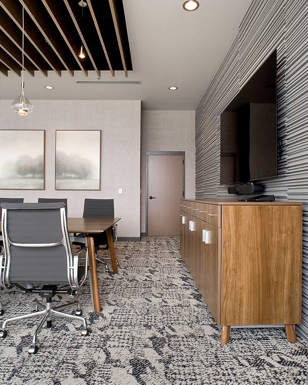 Storage against a wall with a table