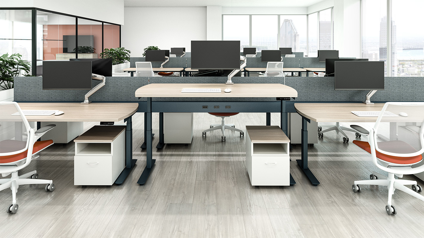 Jet height-adjustable table with storage.