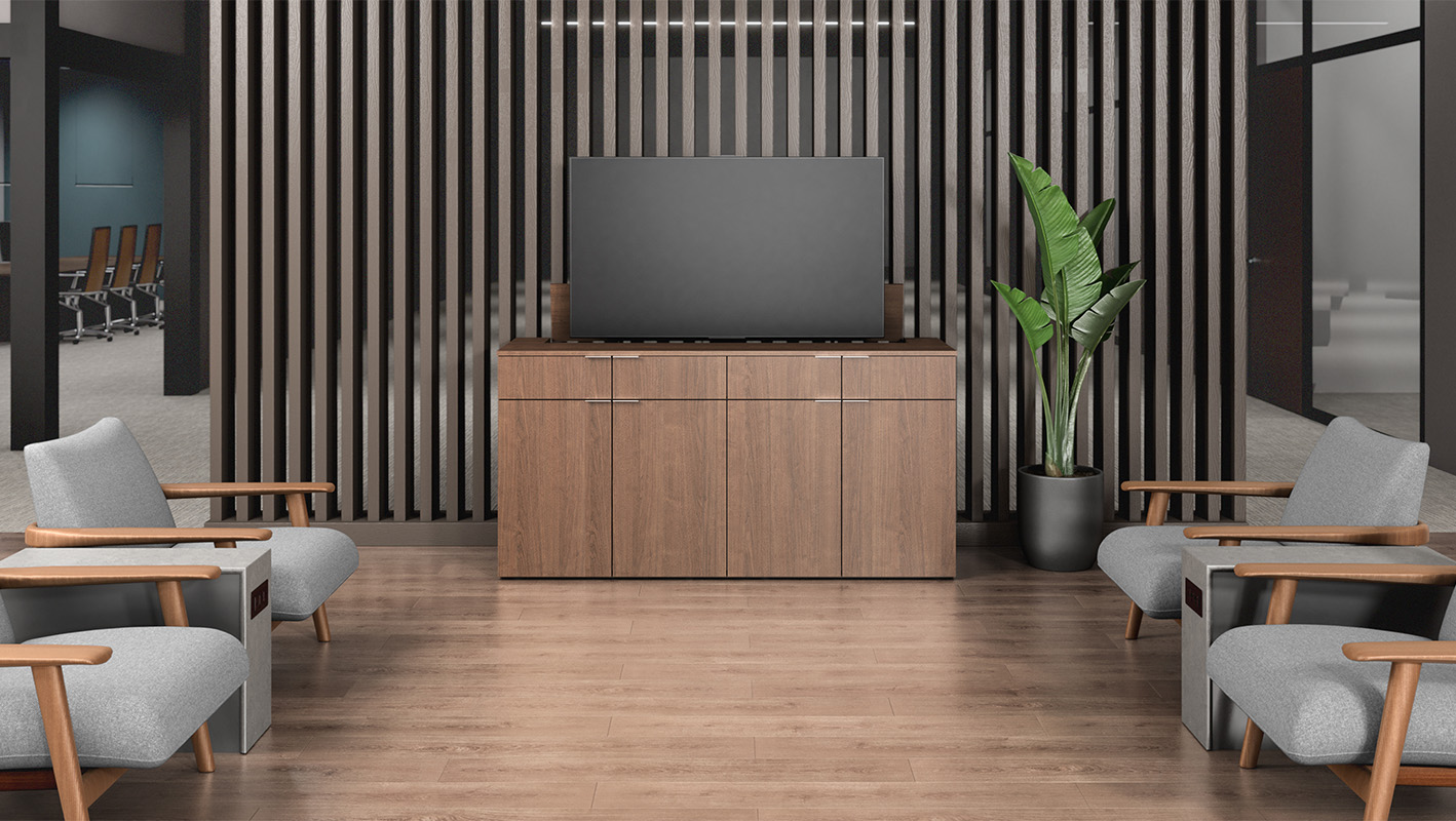 72" wide Foundation Monitor Lift Credenza with 65" TV in third space 