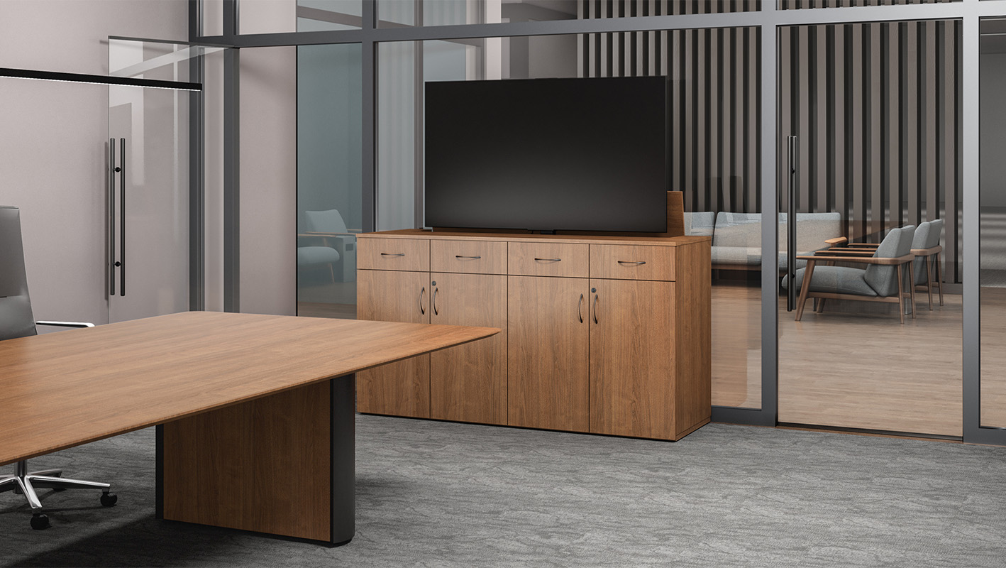 72" wide Foundation Monitor Lift Credenza with 65" TV in conference room