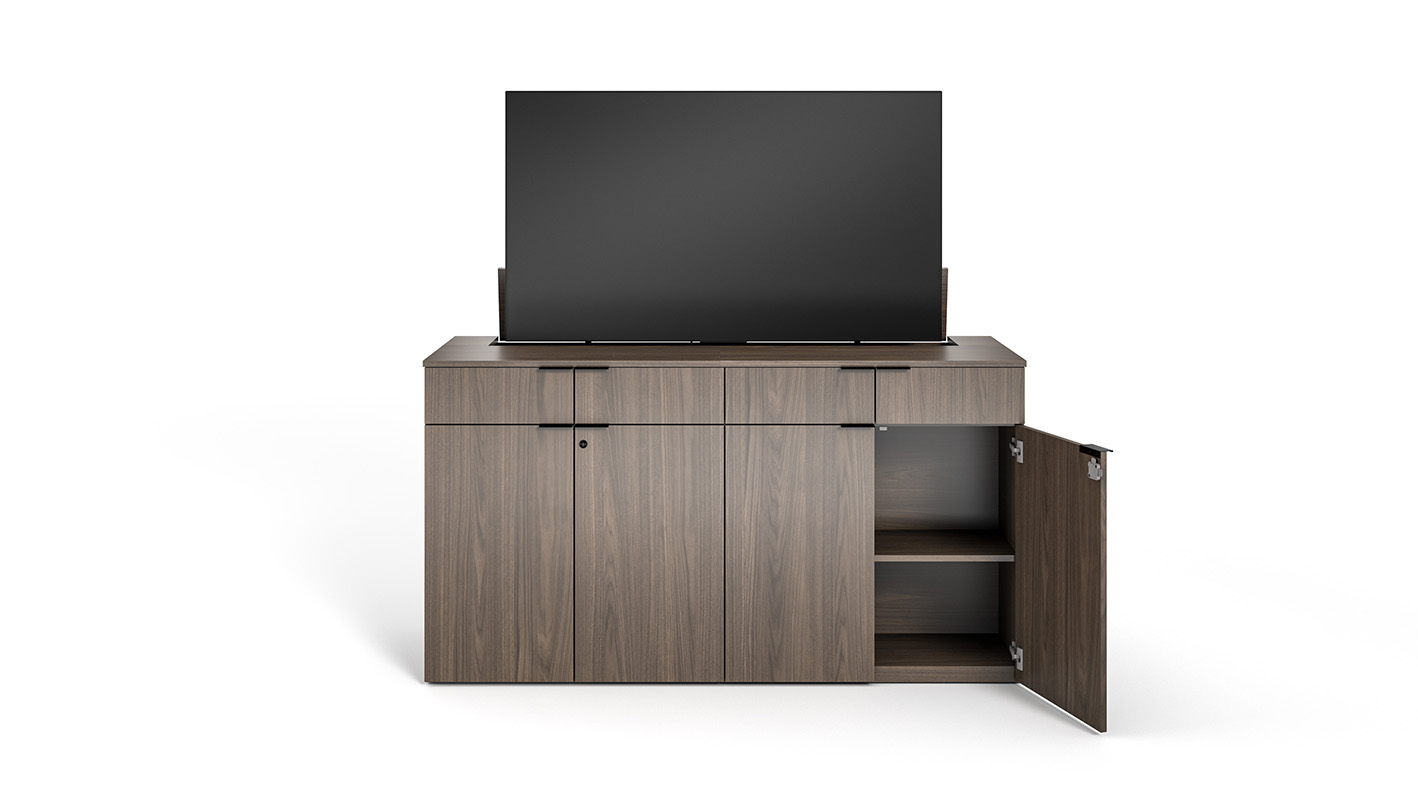 Foundation Monitor Lift Credenza with TV and cabinet door open