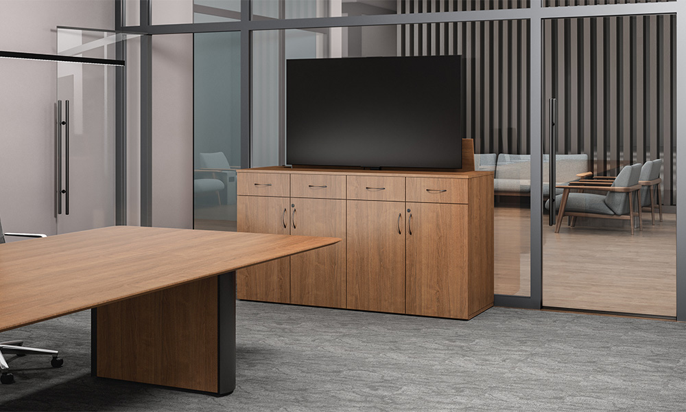 Foundation Monitor Lift Credenza in conference room