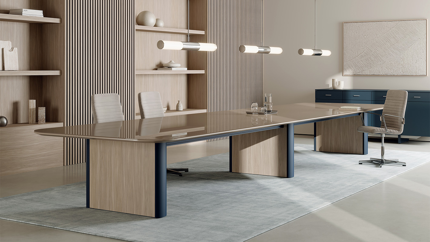 Conference space featuring full 3/4 view of Camber table and Foundation EX Credenza