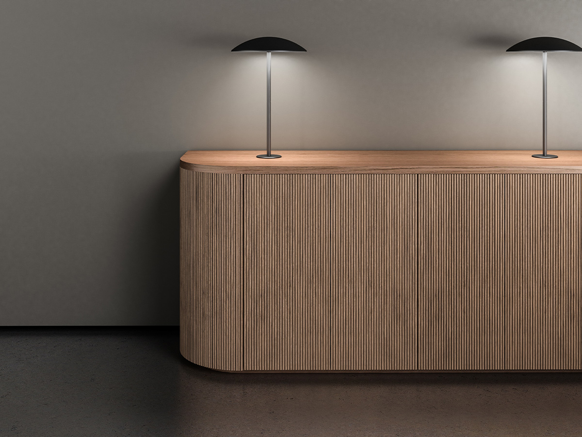 Luna credenza with accent lights on.