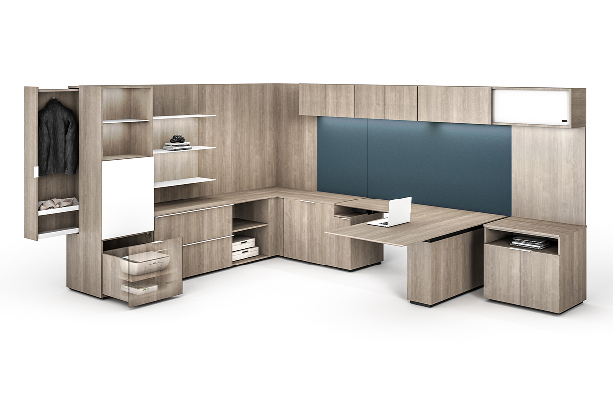 Affinity private office with ceruse gray laminate.
