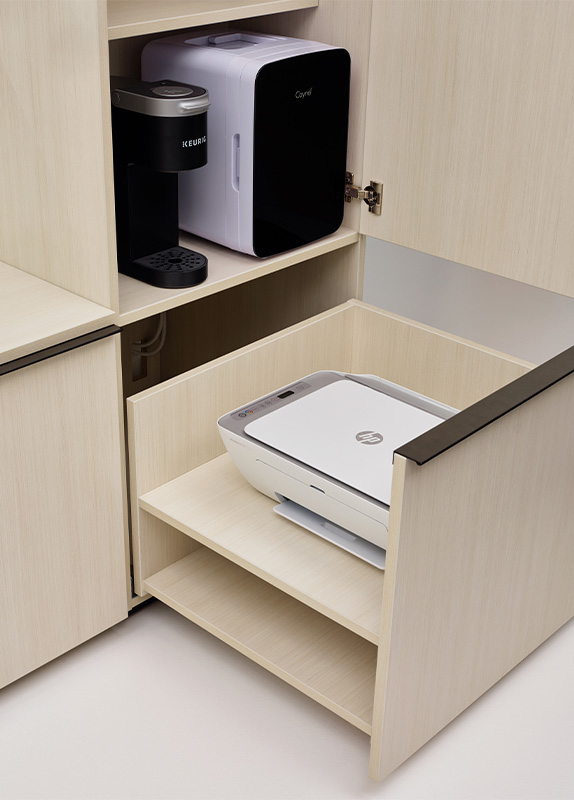 Affinity with printer garage and mini fridge cabinet.