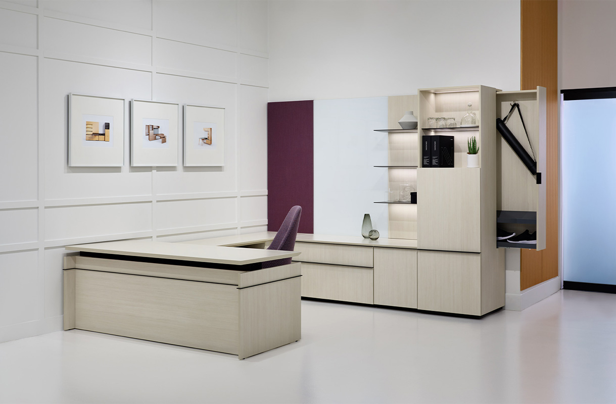 Affinity end panel desk with side wardrobe open.