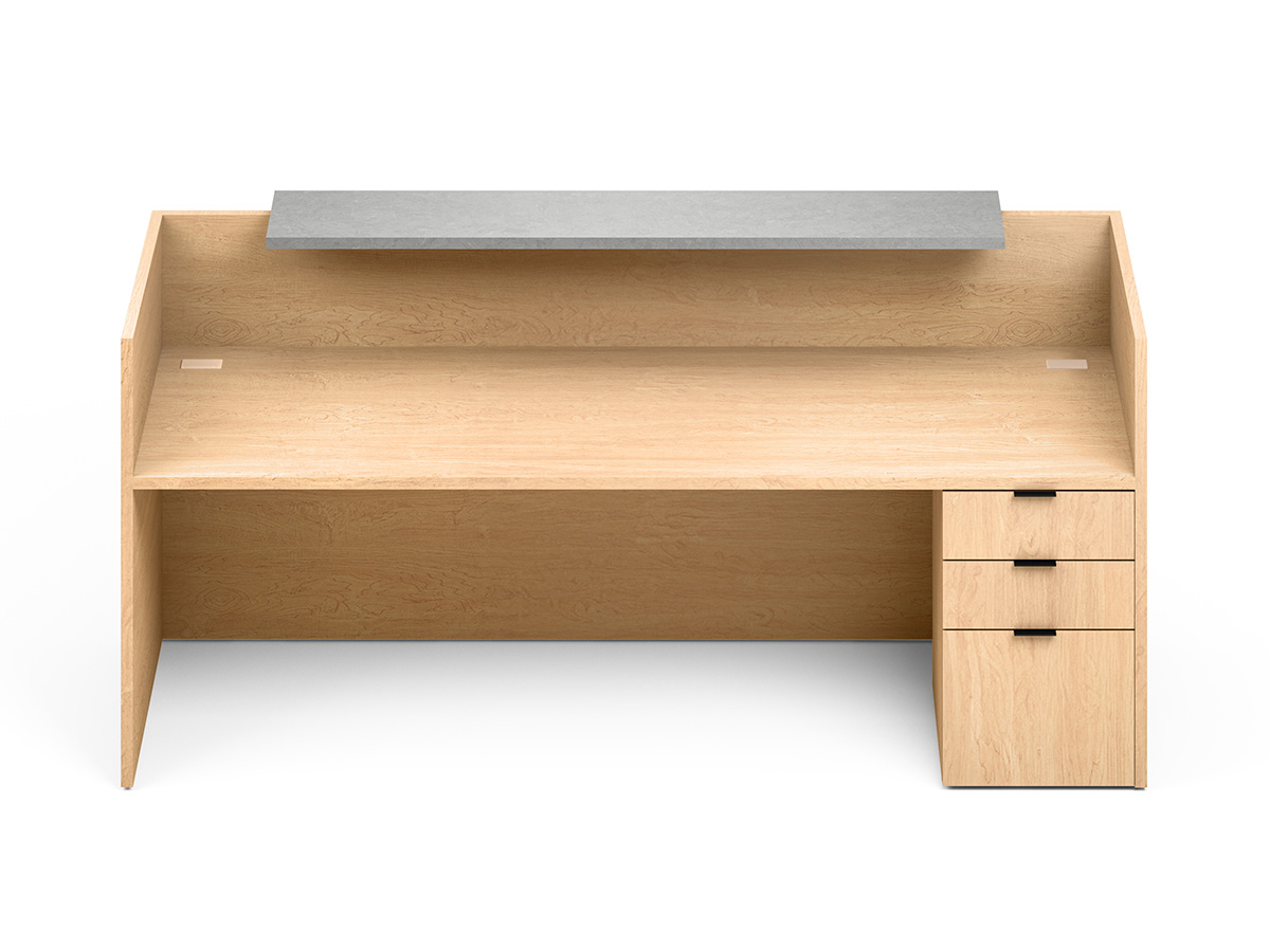 User side of reception desk showing storage. 