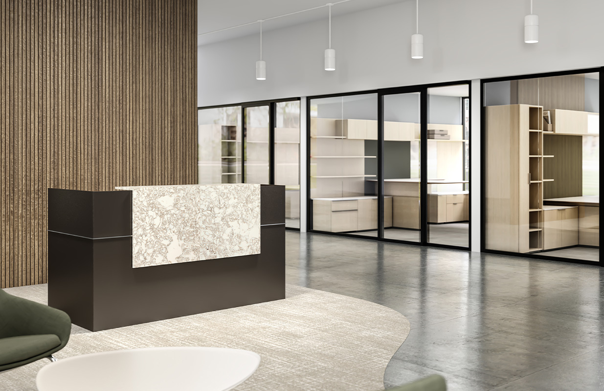 Reception area with chairs and desk.