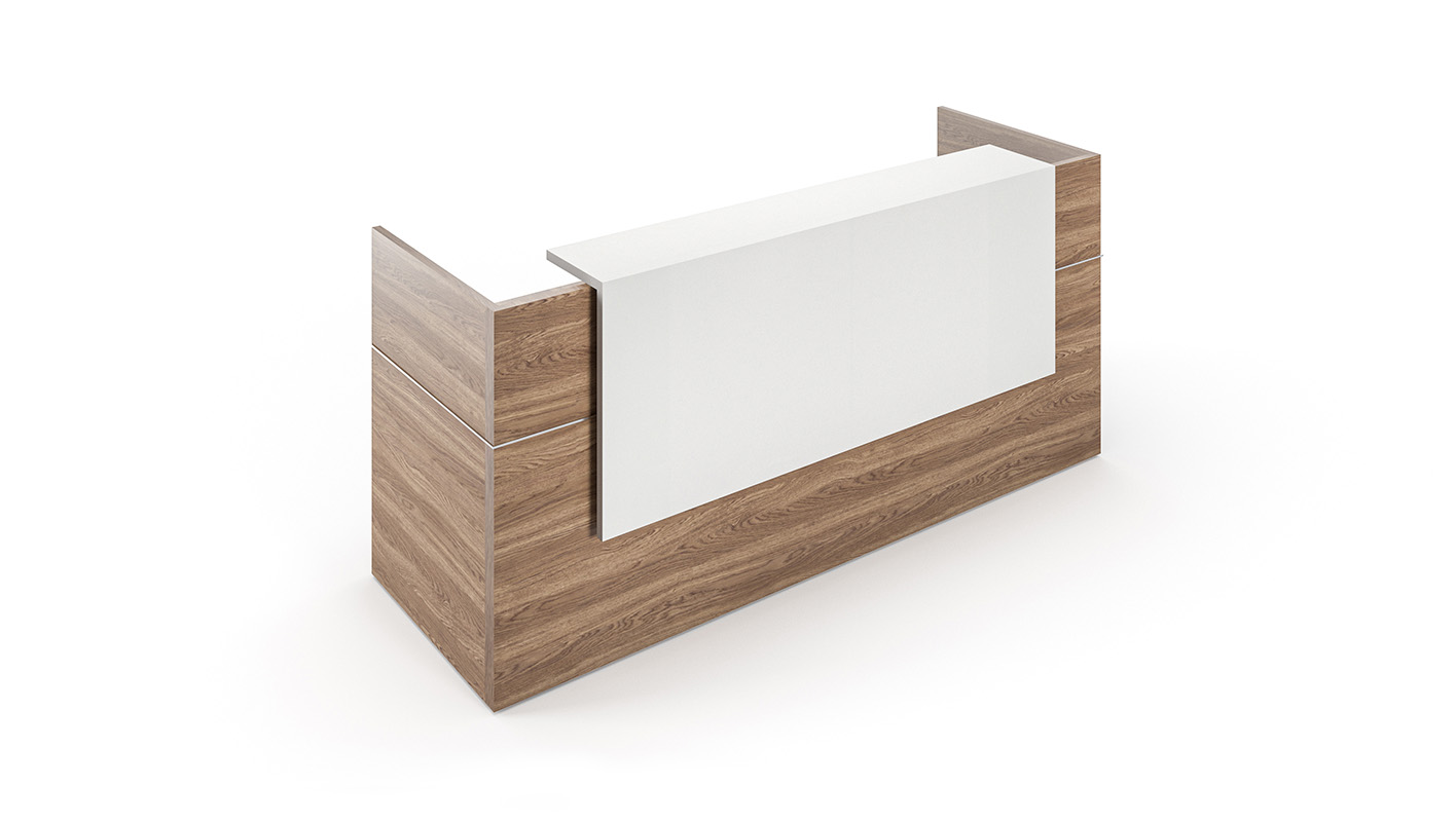 Rectangle reception desk with quartz front.