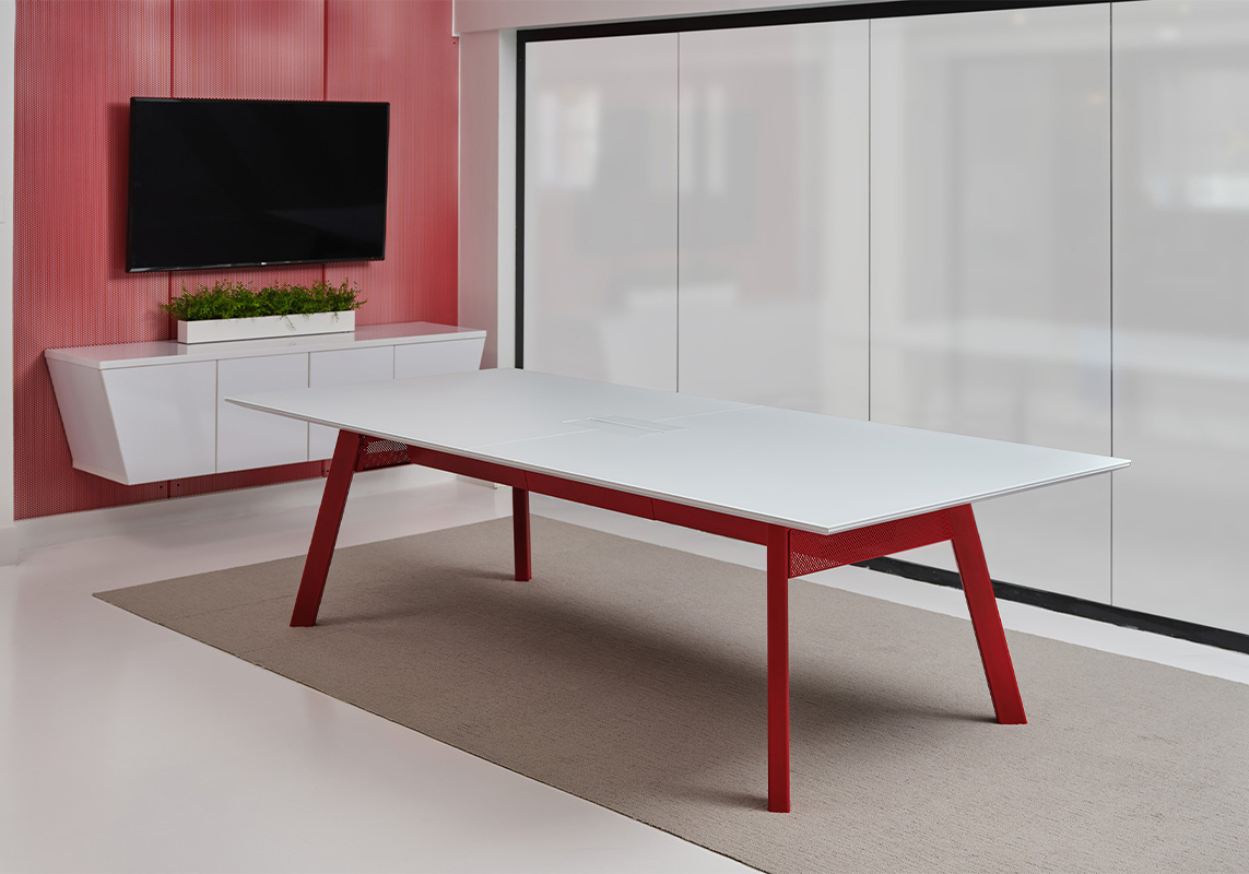 Alkalign table with credenza and TV.
