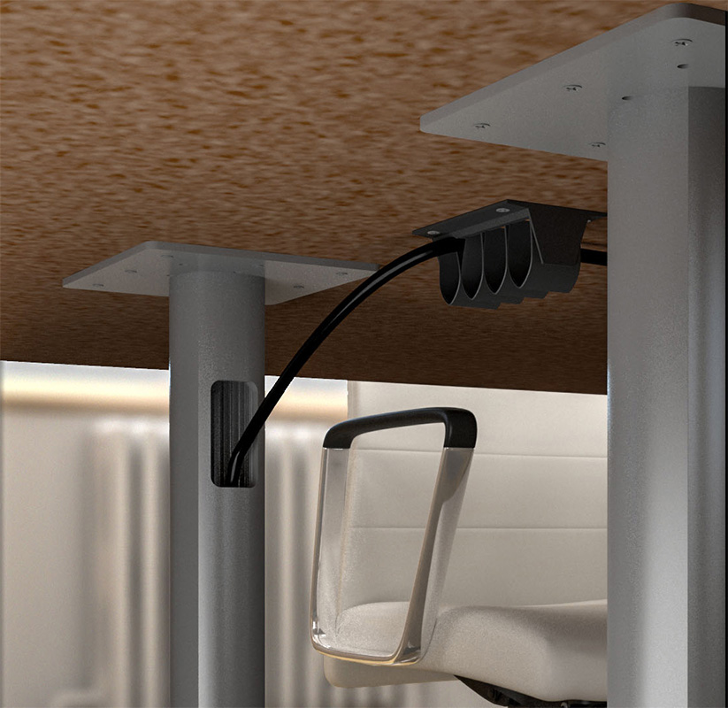 Cable manager under a Zori table. 