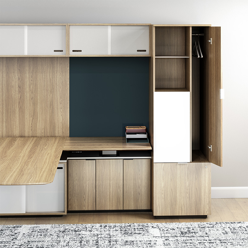 Cayman private office with side access wardrobe open. 