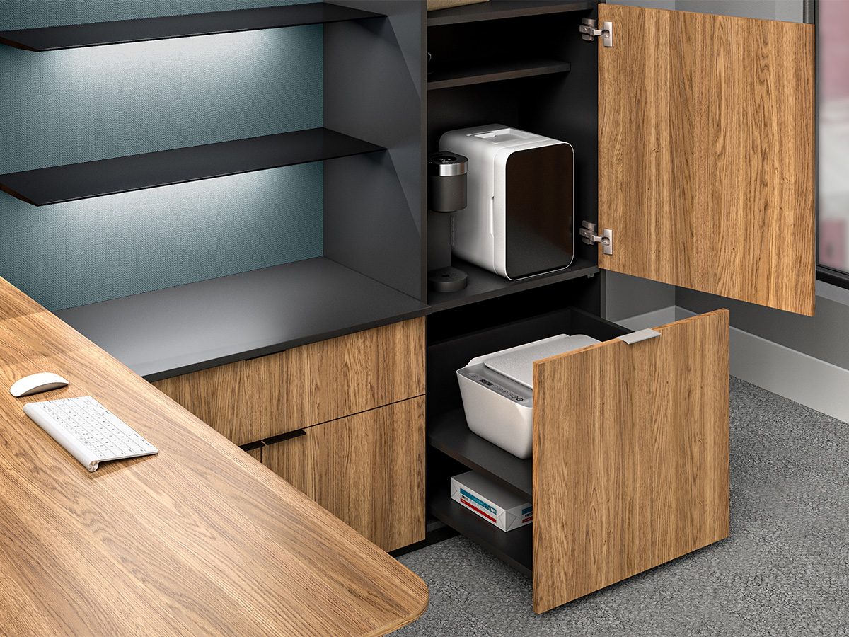 Cayman with cabinet open showing coffee maker and printer.