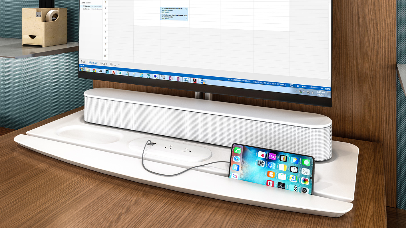 Cayman utility tray with phone plugged in. 