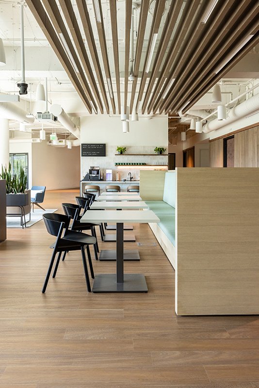 Square base table in a cafeteria. 