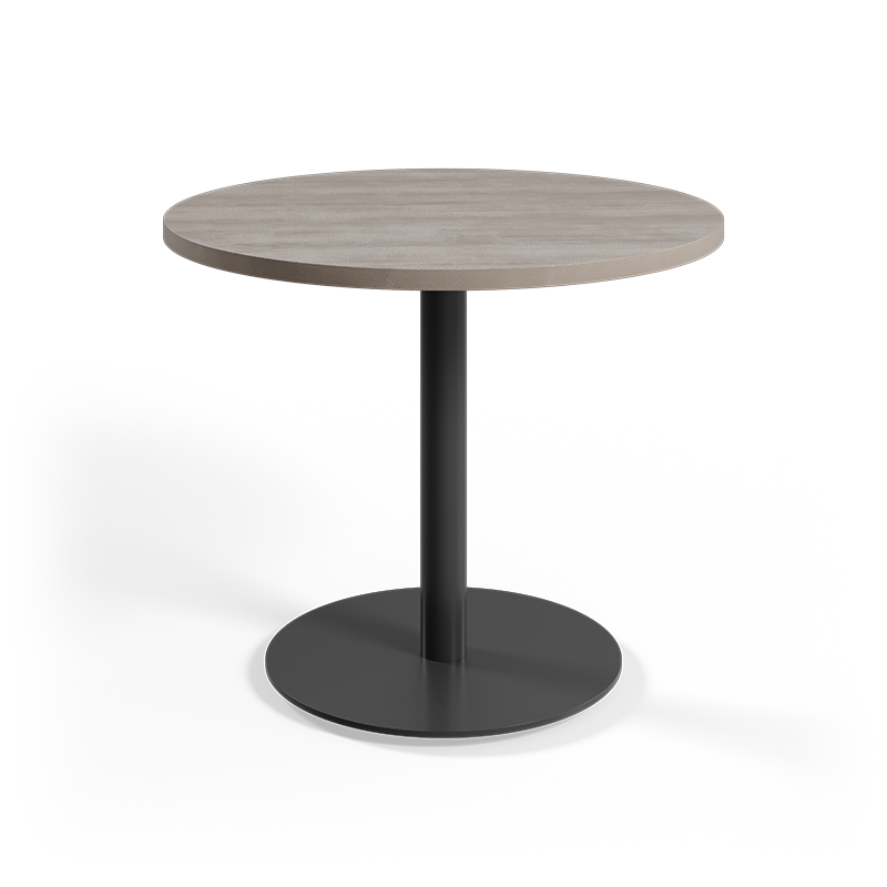 Disc base table on white backdrop. 