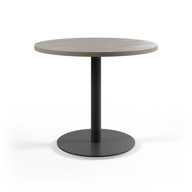 Disc base table on white backdrop. 