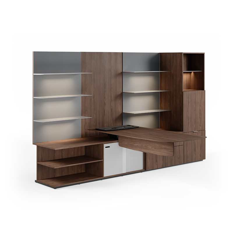 Cayman private office setup in formal walnut.