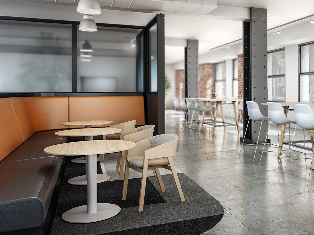 Disc base tables in a cafeteria. 