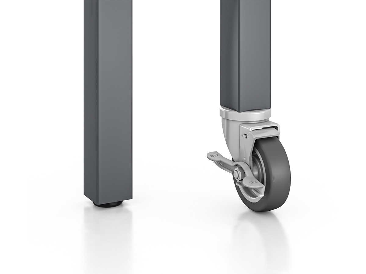 Leveler and caster feet on Emerson legs.